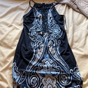 INC International Concepts Black Midi Dress with Blue and Cream Paisley